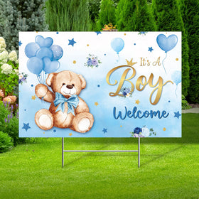 Capoda baby shower yard sign with blue bears for outdoor gender reveal decor.