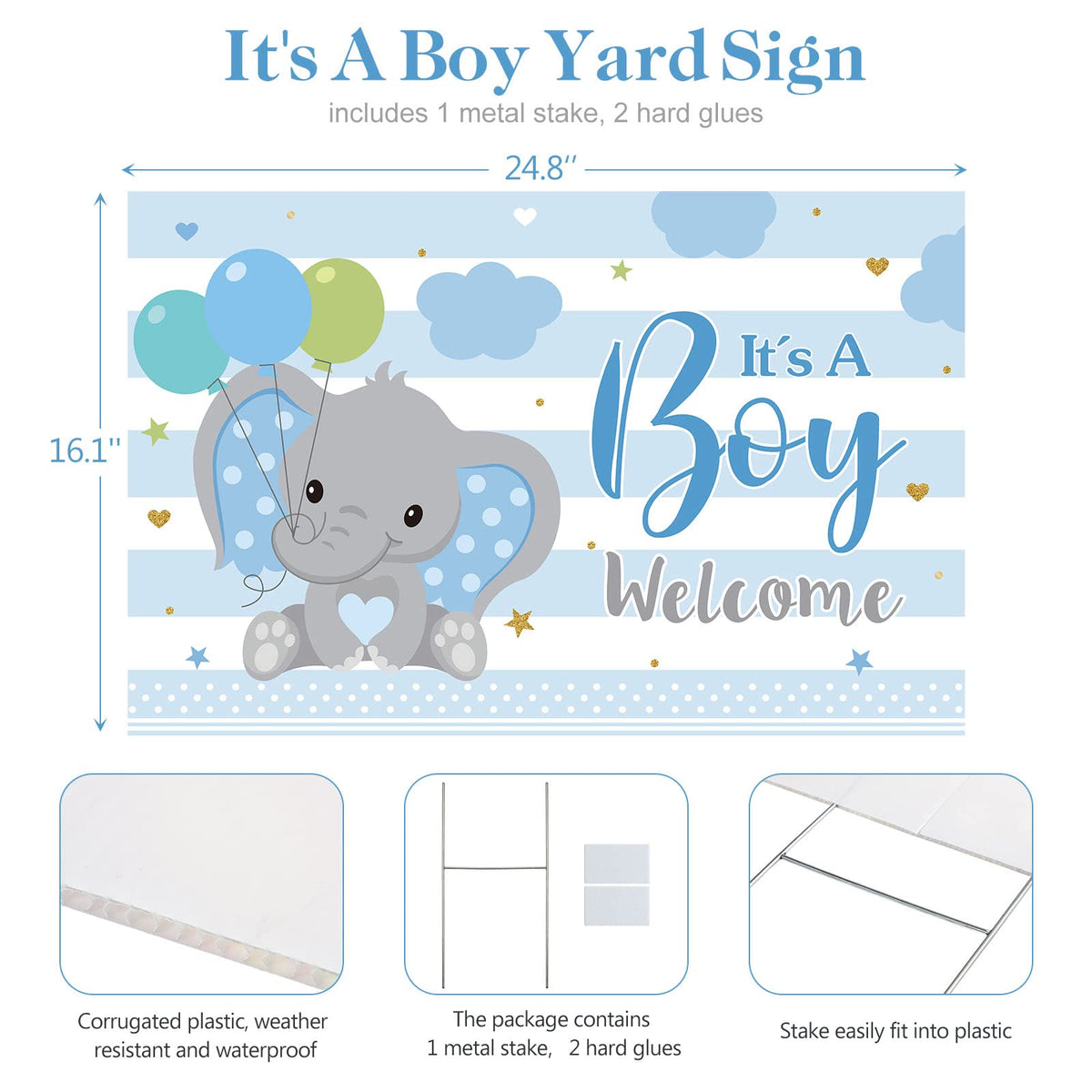 Capoda blue elephants and balloons yard sign enhances baby shower curb appeal.