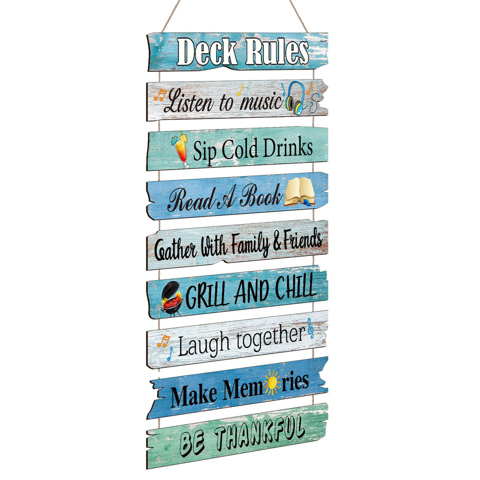 Capoda deck rules sign wooden wall art with rope, ideal porch decor.