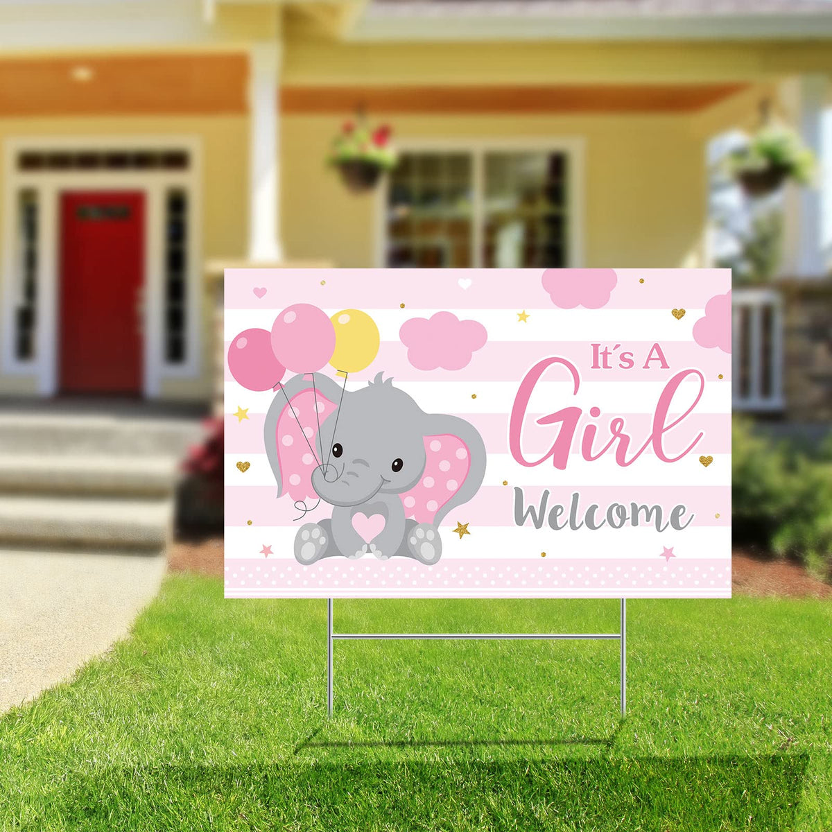 Capoda gender reveal lawn decor featuring elephant and bear theme.
