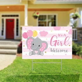 Capoda gender reveal lawn decor featuring elephant and bear theme.