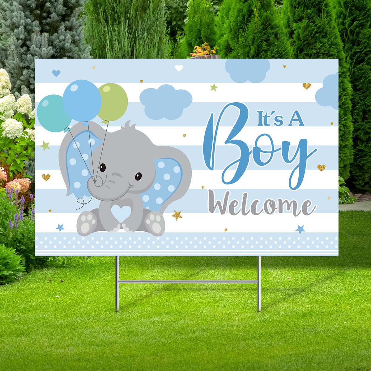 Capoda It's a Boy yard sign with blue elephants for outdoor gender reveal.