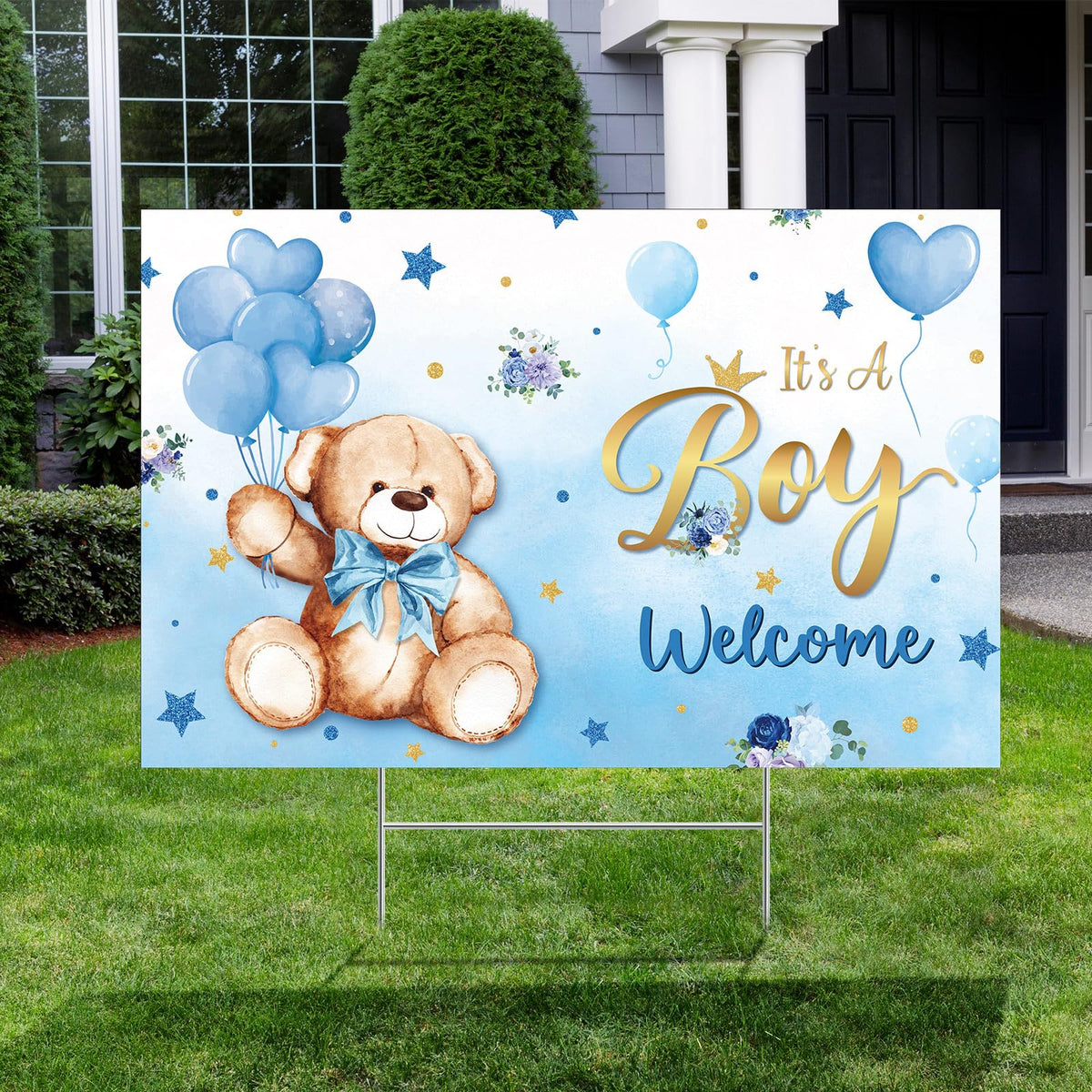 Capoda outdoor baby shower sign featuring a blue bear for yard display.