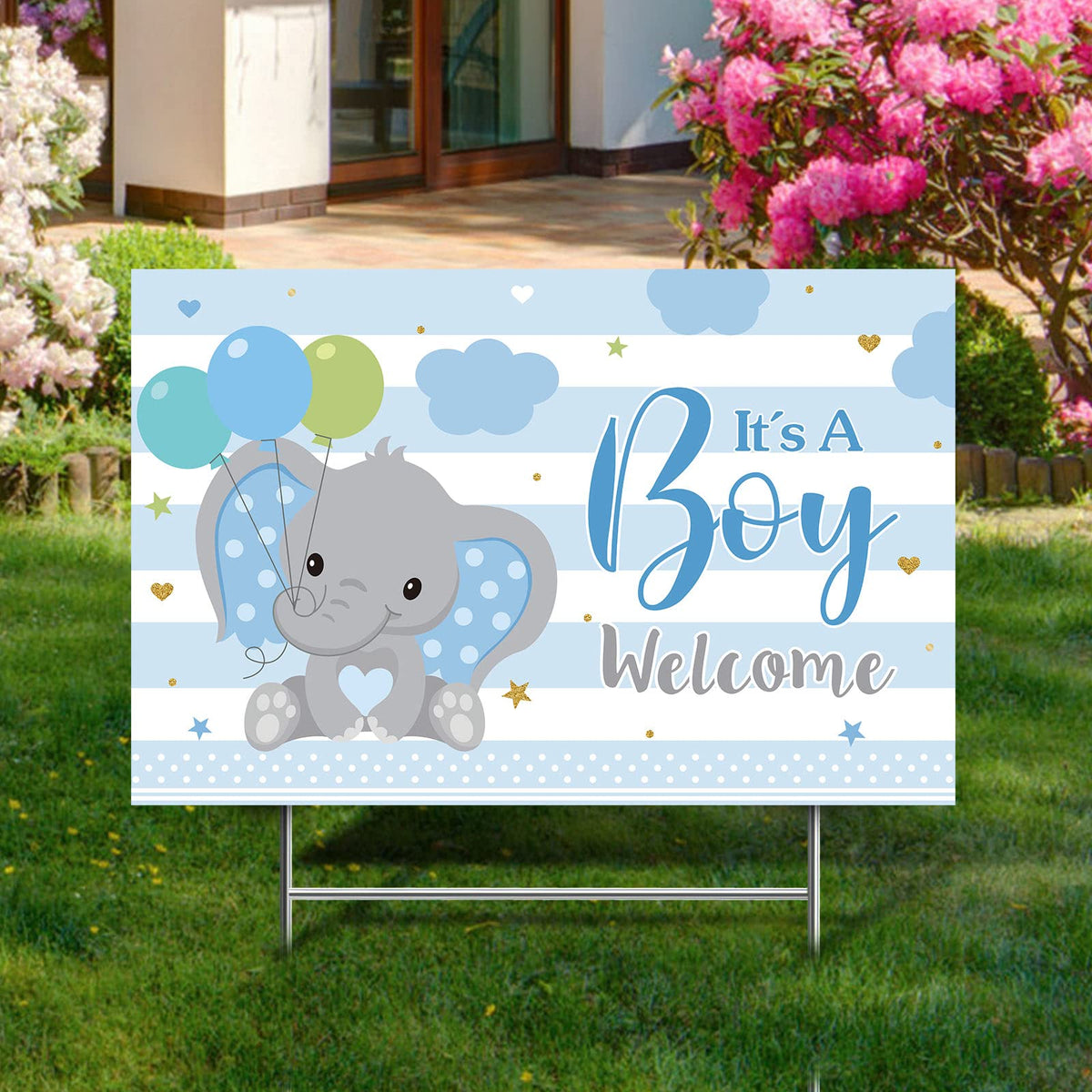 Capoda pink elephants yard decor for gender reveal party.