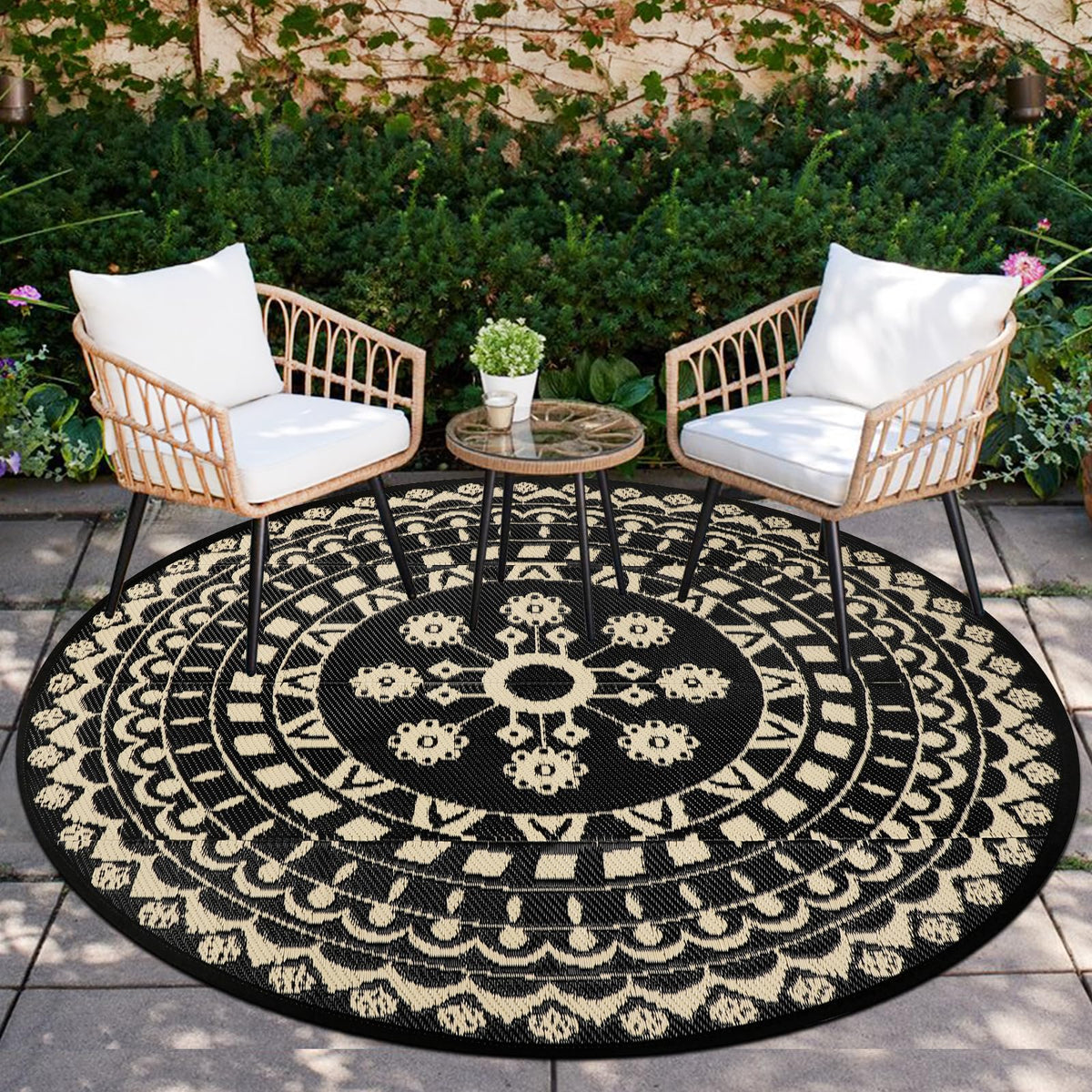 Capslpad 6ft round outdoor rug shown on a sunny patio, waterproof and reversible