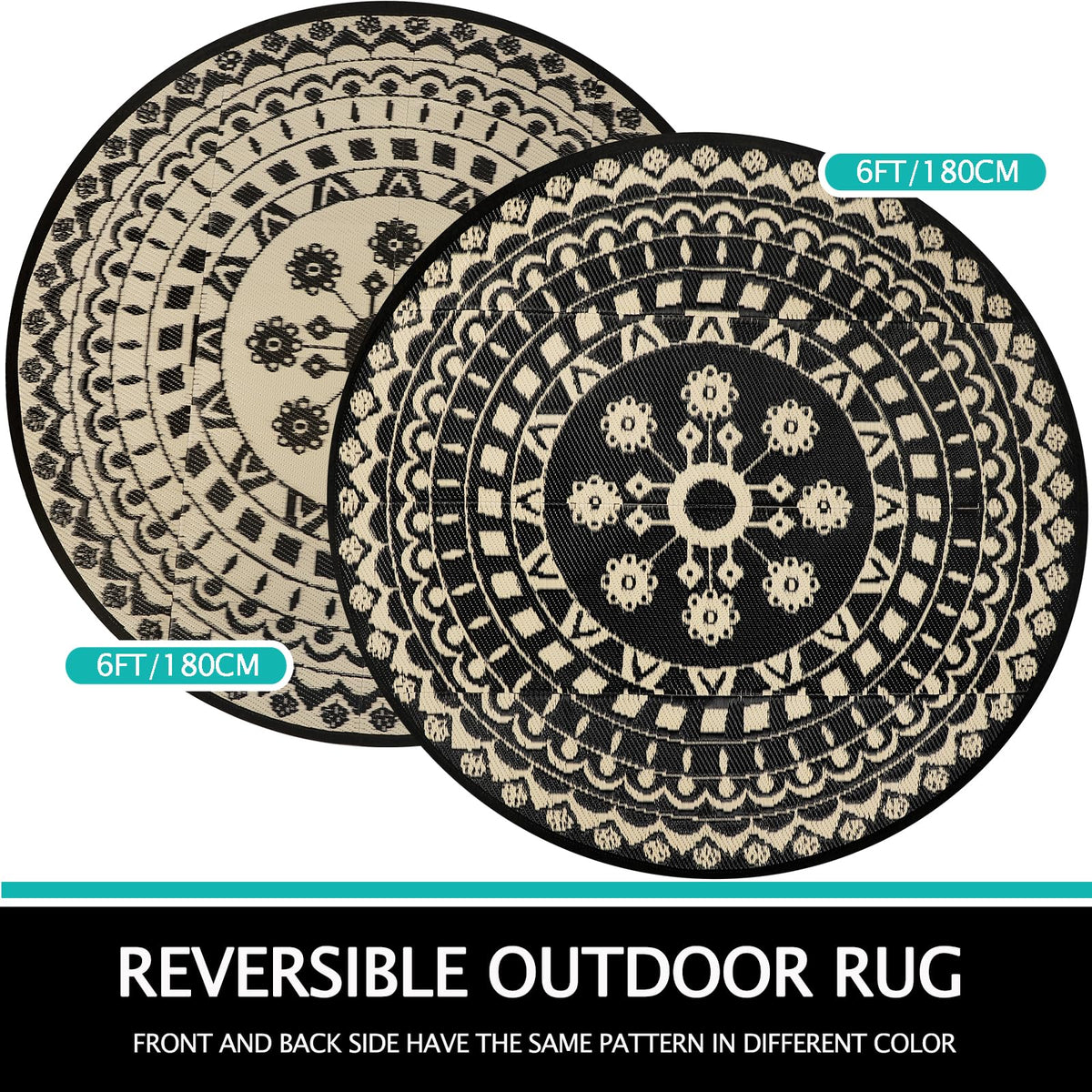 Capslpad boho plastic straw rug in outdoor setting for a deck