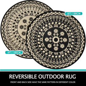 Capslpad boho plastic straw rug in outdoor setting for a deck