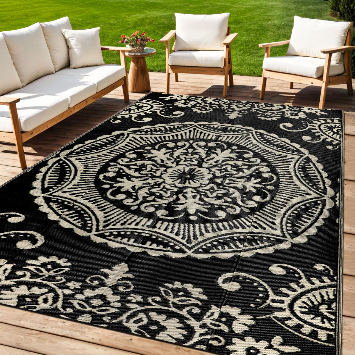 Capslpad camel boho floral 5x8 rug front view adds cozy outdoor style.