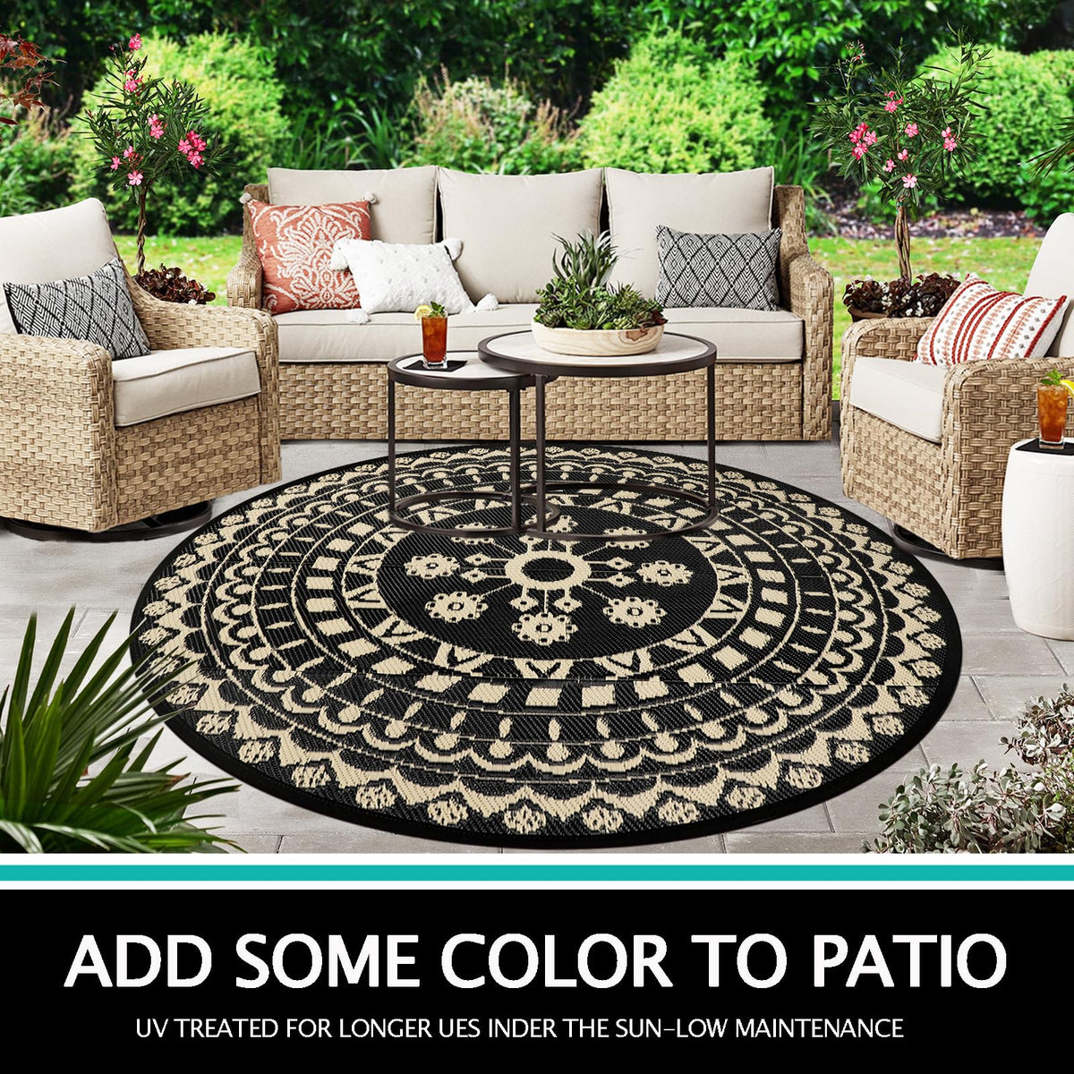 Capslpad patio deck rug laid out on a wooden deck under sun