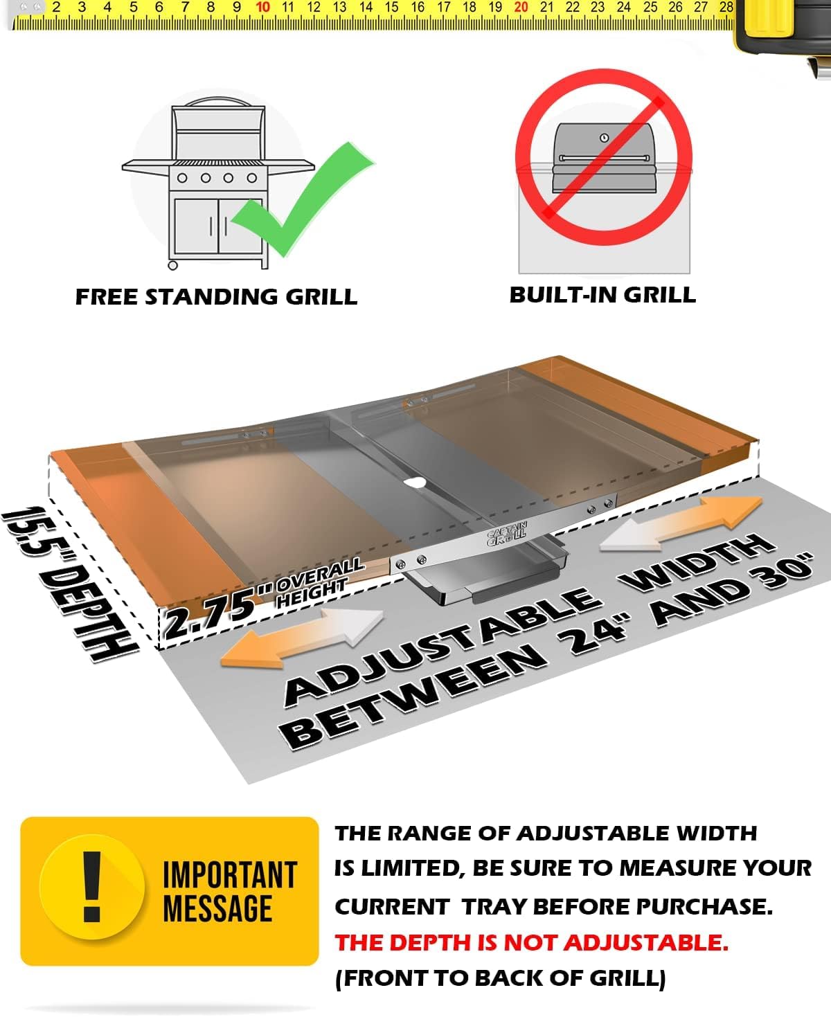CaptainGrill grease tray width adjustable from 24 to 30 inches
