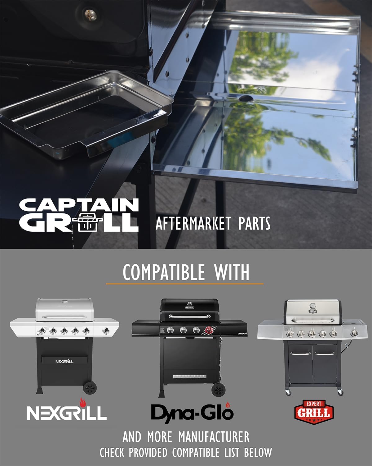 Close-up of CaptainGrill stainless steel drip pan