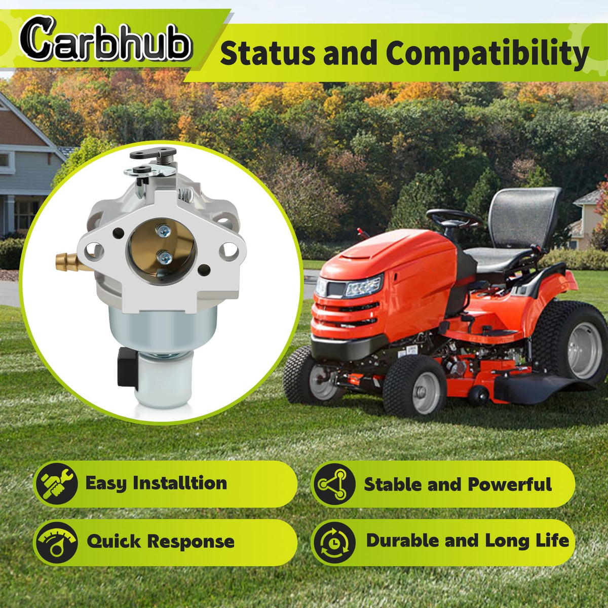 Carbhub carburetor kit packaging with spark plug and fuel filter visible