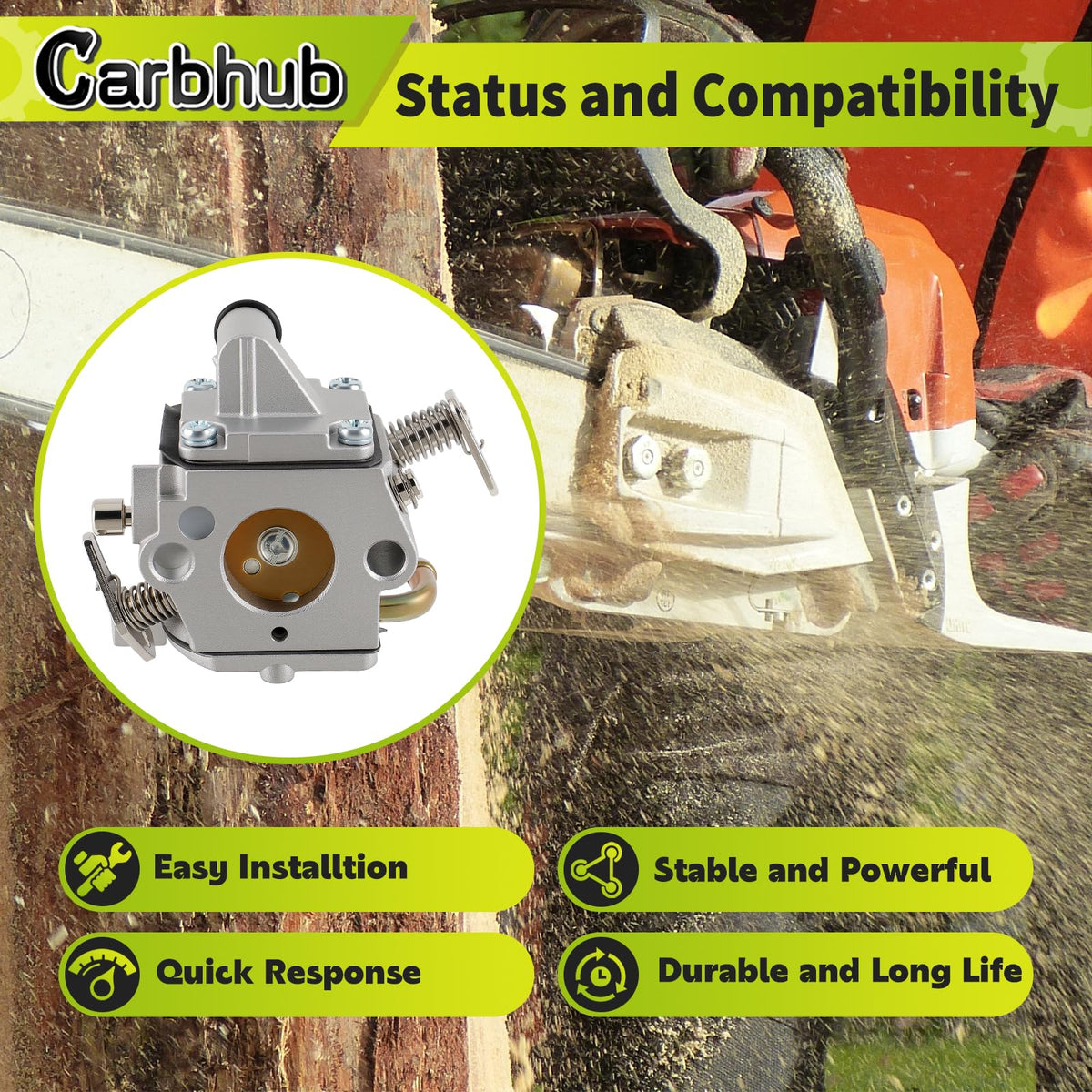 Close-up of Carbhub MS170 carburetor showing precision fittings for accurate tuning.