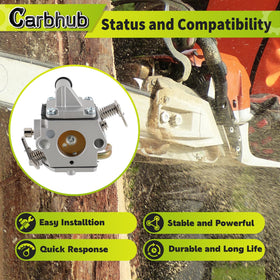 Close-up of Carbhub MS170 carburetor showing precision fittings for accurate tuning.