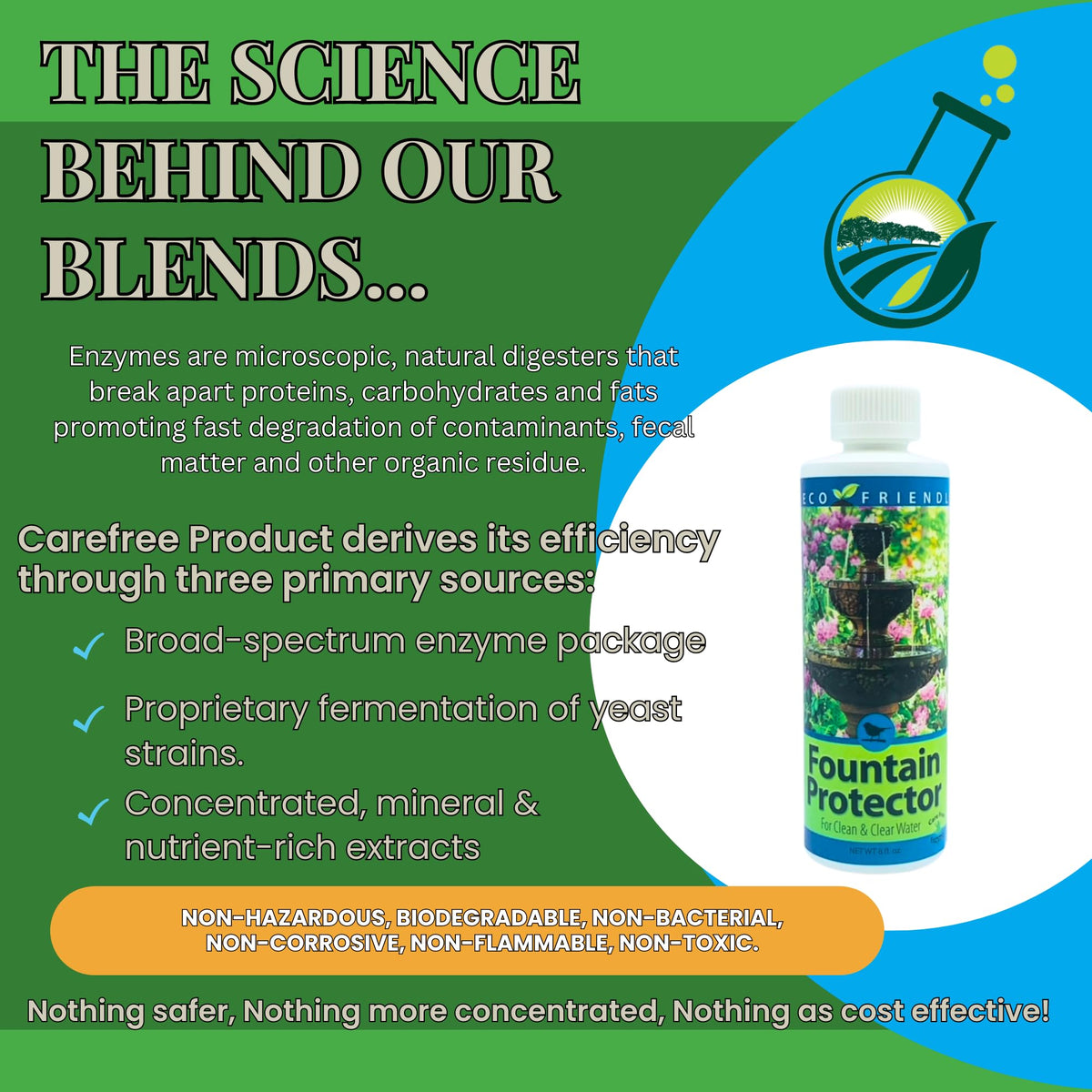 Care Free Enzymes Fountain Protector pump illustration preventing clogs and maintaining flow