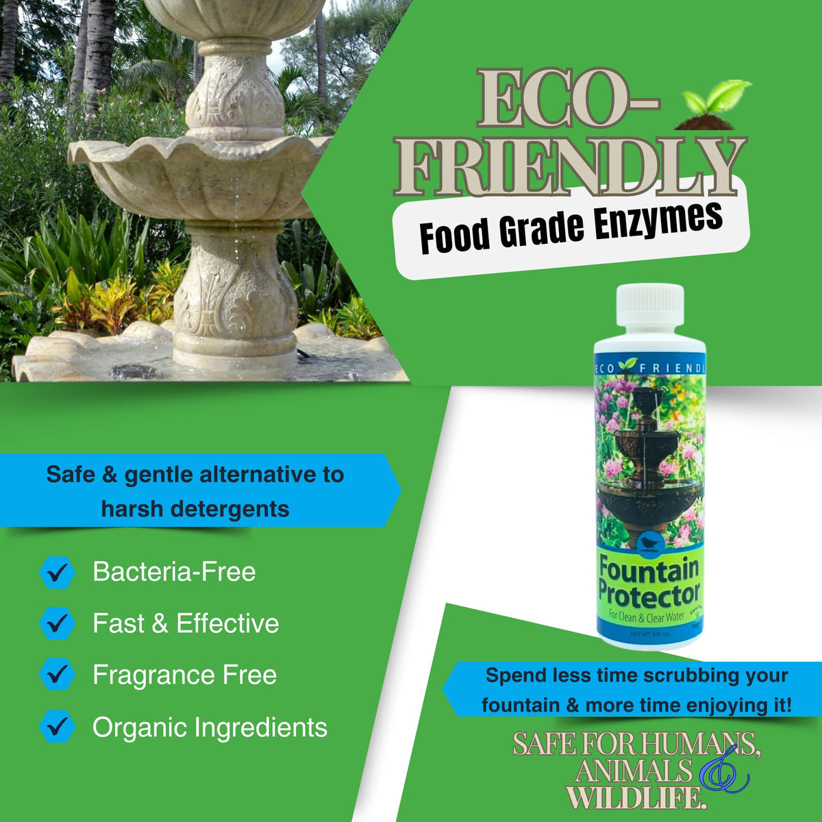 Care Free Enzymes Fountain Protector water view showing algae-free clarity