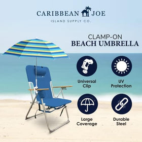 Caribbean Joe umbrella bold stripe arc seen on a sunny beach.