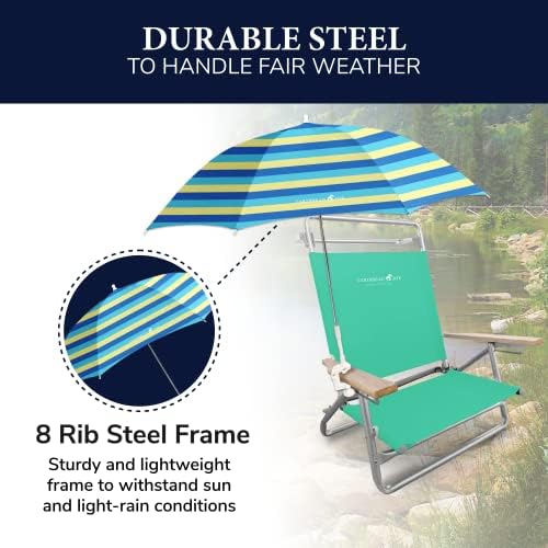 Caribbean Joe umbrella set up on sandy beach with clear shade.