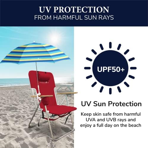 Caribbean Joe umbrella offers UV protection on bright beach day.