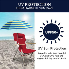 Caribbean Joe umbrella offers UV protection on bright beach day.