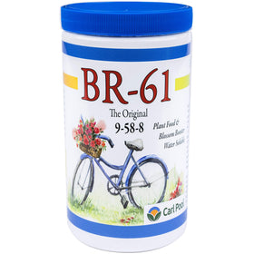 Carl Pool BR-61 fertilizer bottle showing 9-58-8 formula for vibrant plant growth