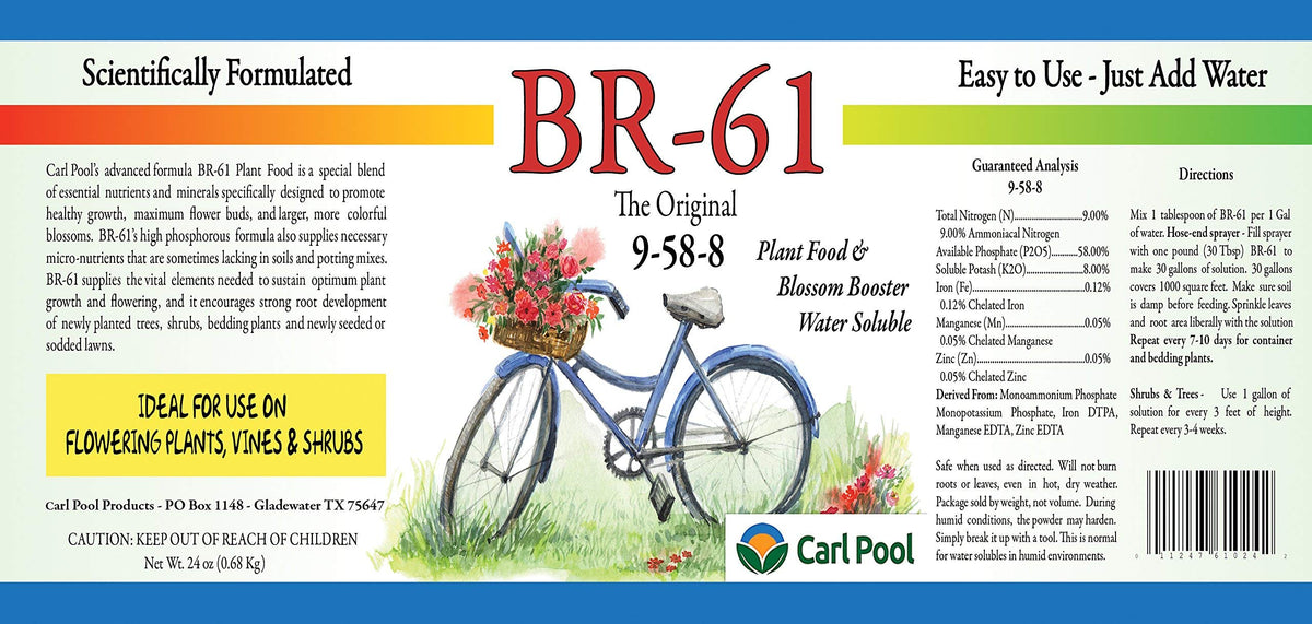 Carl Pool BR-61 fertilizer label with clear nutrient balance for flowering plants