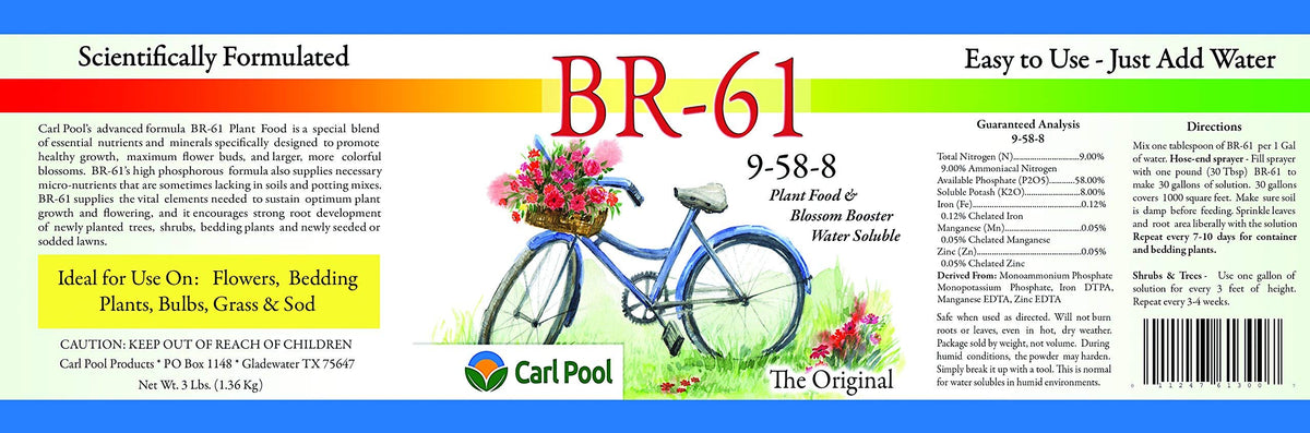 Carl Pool BR-61 Plant Food back panel shows application directions for root nourishment.