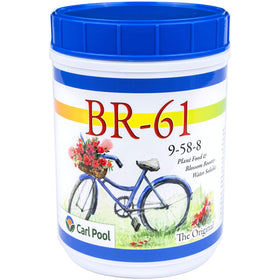 Carl Pool BR-61 Plant Food front label highlights bloom booster for flowering plants.