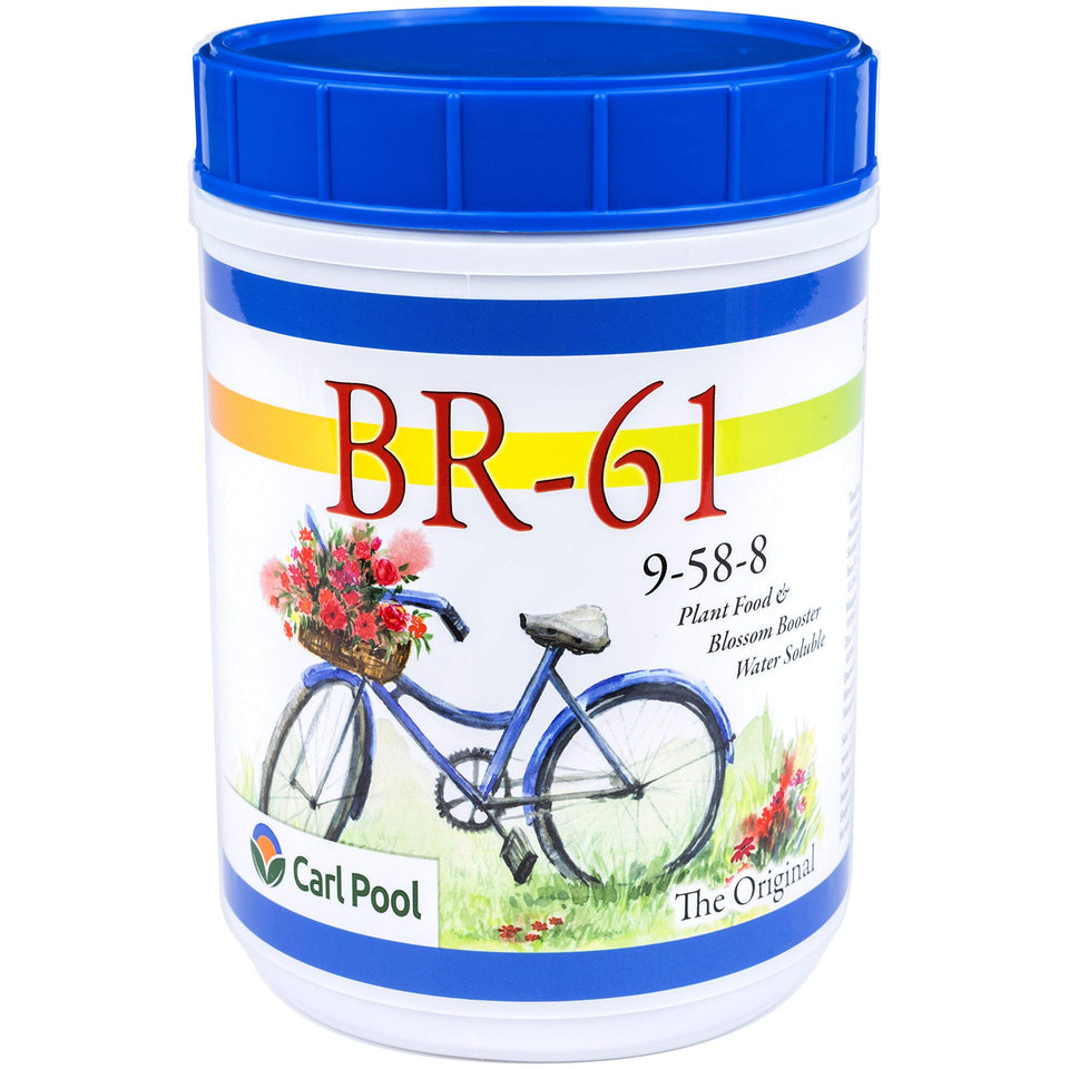 Carl Pool BR-61 Plant Food front label highlights bloom booster for flowering plants.