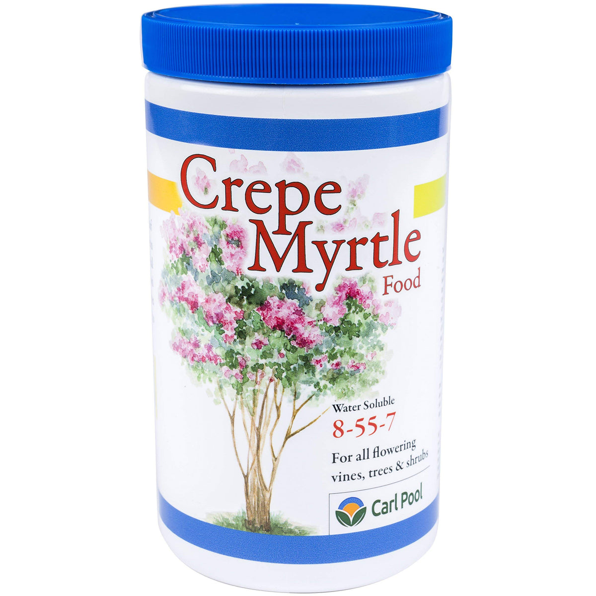Carl Pool Crepe Myrtle Plant Food bottle label highlights balanced nutrients for healthier blooms.