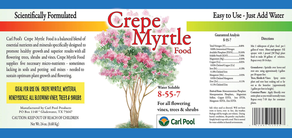 Close-up of Carl Pool Crepe Myrtle Plant Food label, highlighting easy mixing.