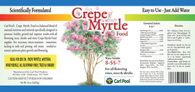 Close-up of Carl Pool Crepe Myrtle Plant Food label, highlighting easy mixing.