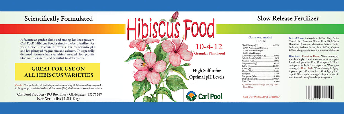 Carl Pool Hibiscus Plant Food granular closeup showing balanced NPK for healthy hibiscus.