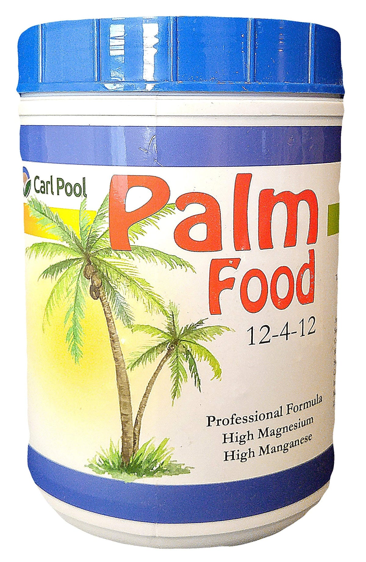 Carl Pool Palm Food bottle label highlighting 12-4-12 formula for healthy palms.
