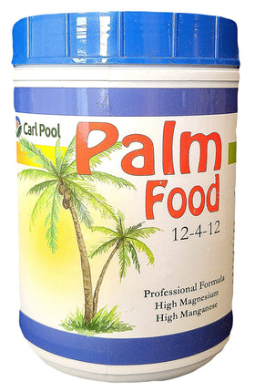 Carl Pool Palm Food bottle label highlighting 12-4-12 formula for healthy palms.