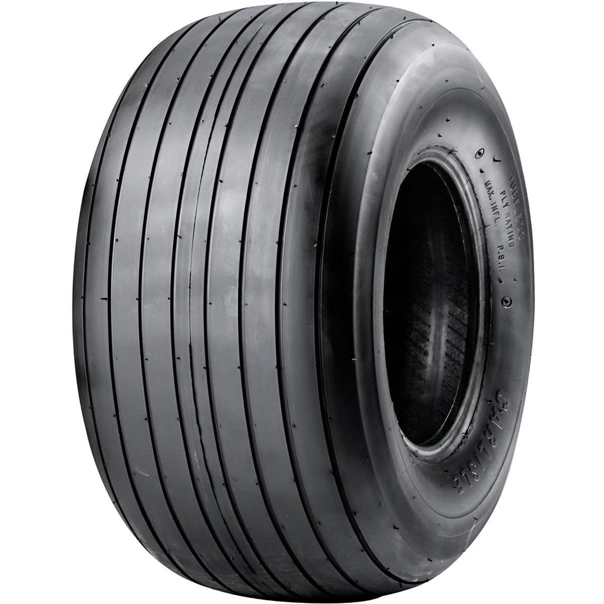 Carlisle Straight Rib lawn tire side view for universal fit on wheelbarrows and mowers.