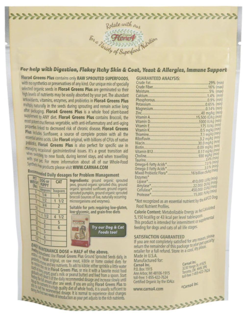 CARNA4 Flora4 topper sprinkled on food promoting a glossy coat and comfortable digestion.