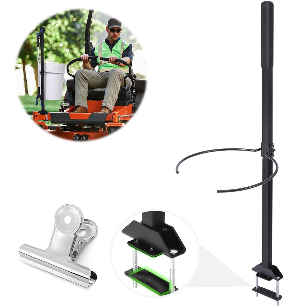CAROD zero-turn mower handle installed on front bar for easy access.