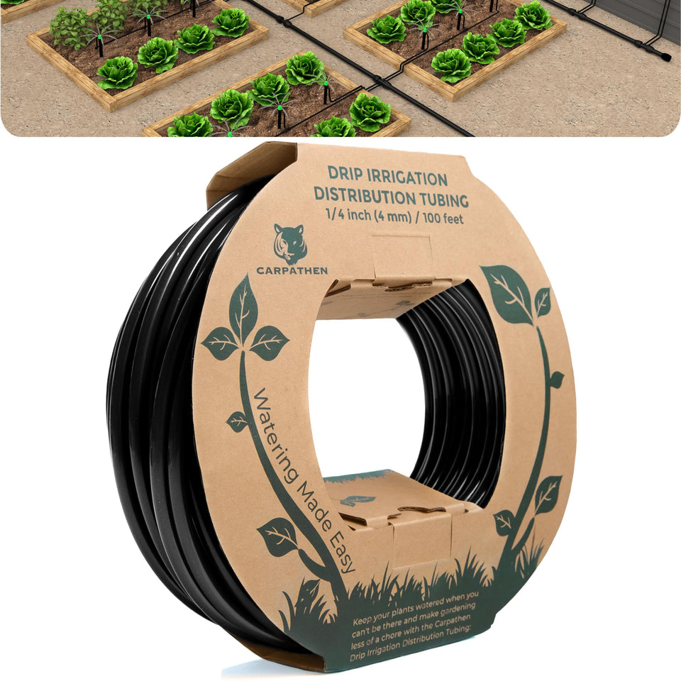 CARPATHEN drip tubing 100ft black for efficient garden irrigation.