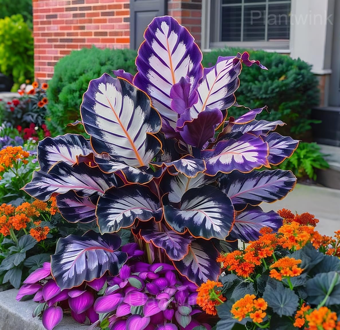 Shaded garden bed featuring Caladium from Carpet Creeping for tropical contrast.