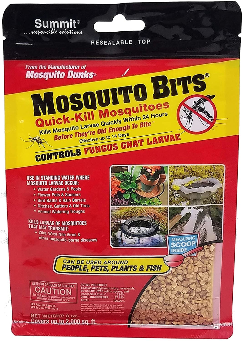 Carphone Warehouse Mosquito Bits 8oz bottle with shaker top for quick larvae control in standing water.