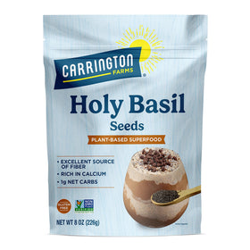 Carrington Farms Holy Basil Seeds bottle on shelf highlighting calcium-rich daily nutrition