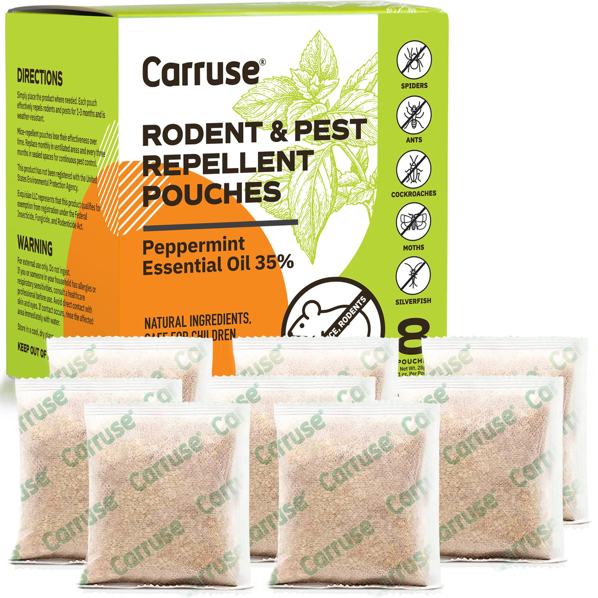 Carruse peppermint mouse repellent pouch pack closeup showing natural barrier.