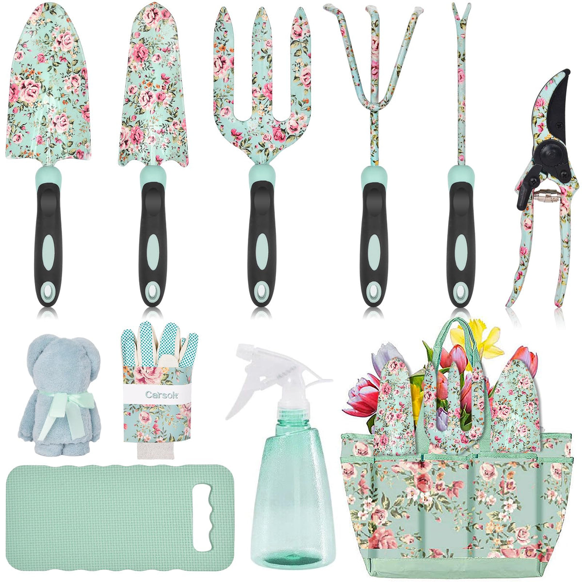 Carsolt floral garden tools set 11pc shown together for versatile planting and garden maintenance.