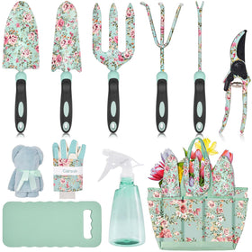 Carsolt floral garden tools set 11pc shown together for versatile planting and garden maintenance.