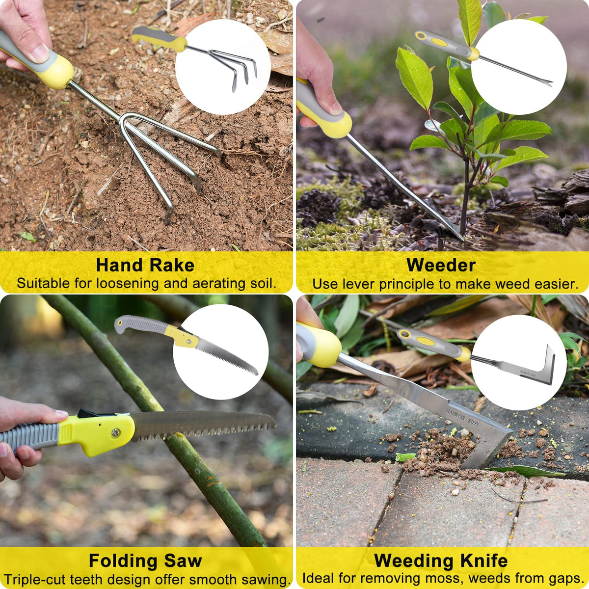 Carsolt folding saw and weeder designed for easy pruning and soil work.