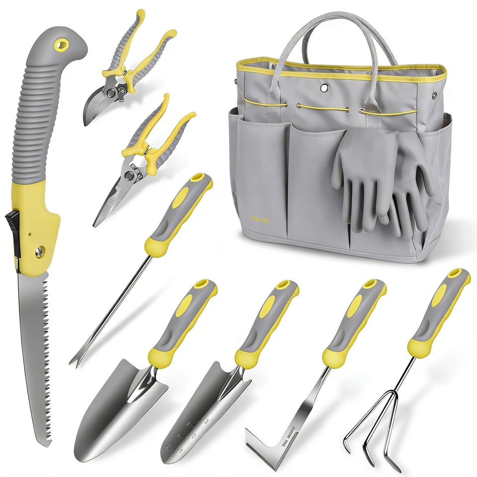 Carsolt garden tool set 10-piece displayed together for versatile gardening tasks.