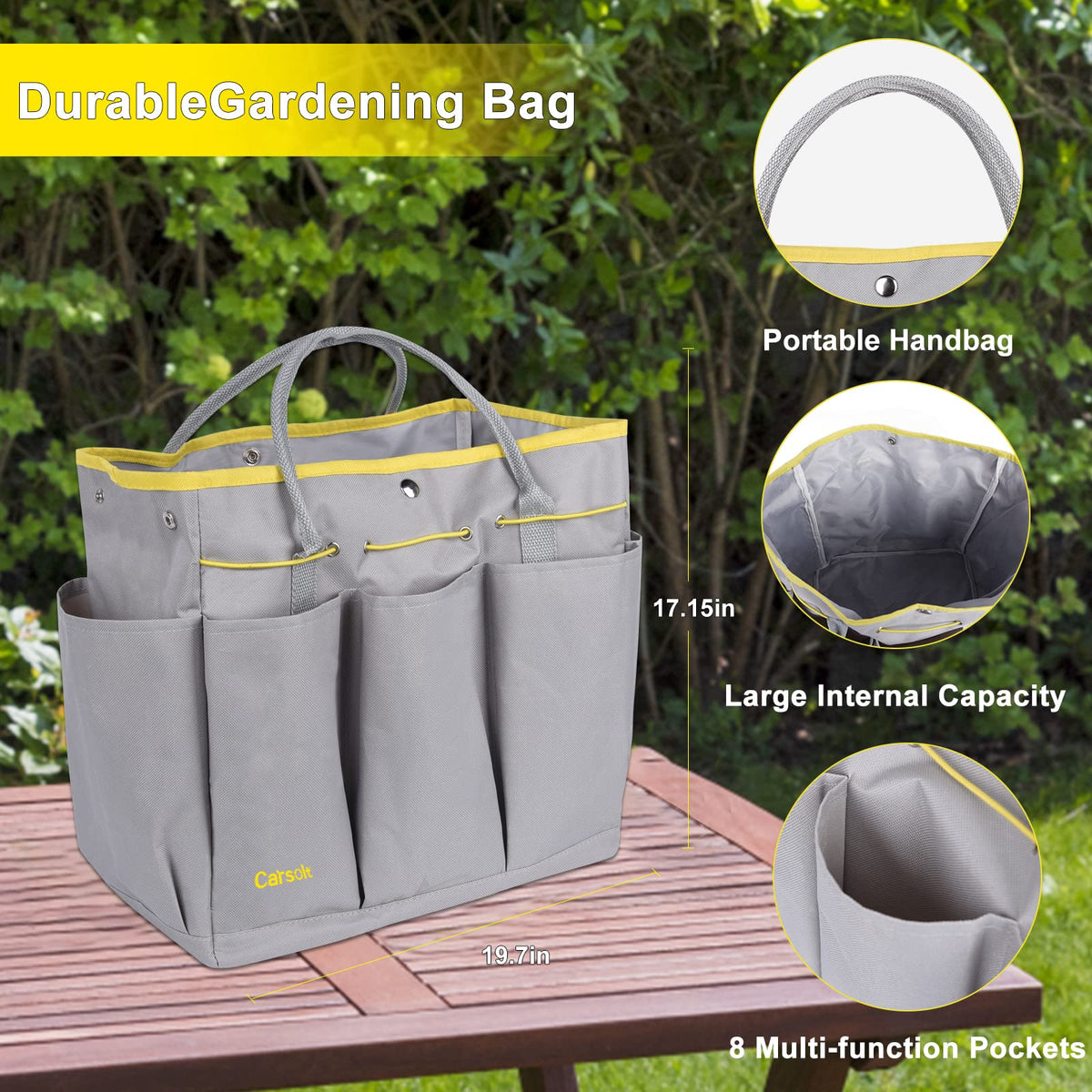 Carsolt durable garden tote bag keeps tools organized and portable.