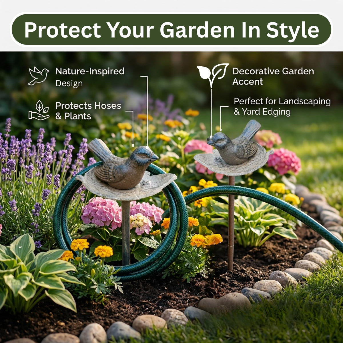 Carvers Olde Iron garden hose guide stake near flower beds directs watering