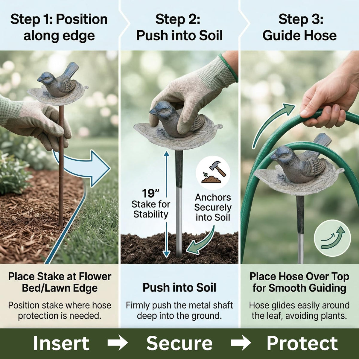 Carvers Olde Iron hose guide stake along a pathway for tidy irrigation